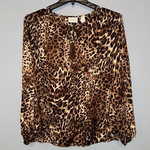 Chico's Leopard Print Blouse Fringe Tassle Tie Size 3 (XL) Long Sleeve Flowy Top